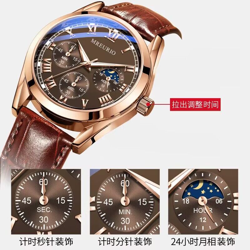 Three Dials PU Leather Quartz Wrist Watch for Men Flywin-tech