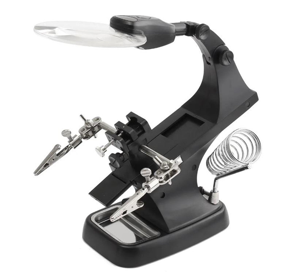 Soldering Iron Stand Third Hand Auxiliary Station with Magnifying Glass 3X/4.5X LED Welding Stand with Alligator Clips Flywin-tech
