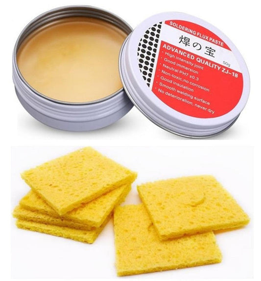 Solder Flux Rosin Paste and Soldering Iron Tip Cleaning Sponges Set for Electric Welding (50g, 6pcs) Flywin-tech